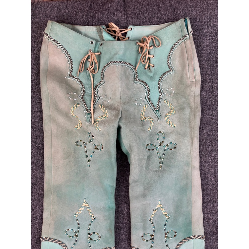 Vintage Western Suede Leather Pants Beaded Lace Up Turquoise OOAK Couture Rare - Picture 3 of 16